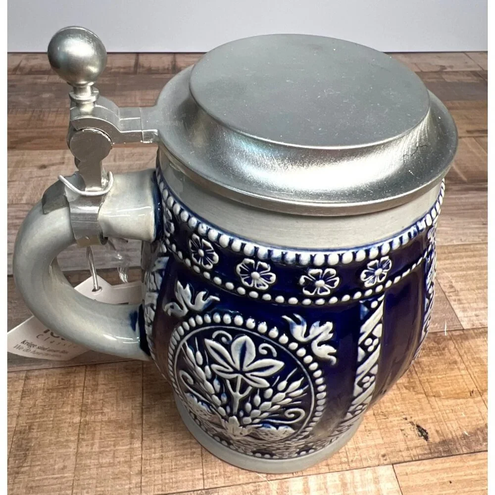 Handcrafted Gerz Stein Mug With Pewter Lid Ceramic 0.5L Germany Floral Design